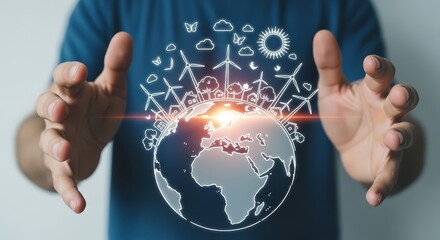 Obraz premium Hands cradling a glowing globe with renewable energy symbols like wind turbines and solar panels, symbolizing environmental protection and sustainability.