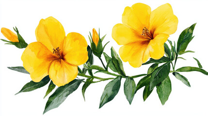 Fototapeta premium Bright yellow hibiscus flowers with green leaves create vibrant and cheerful composition, perfect for floral designs