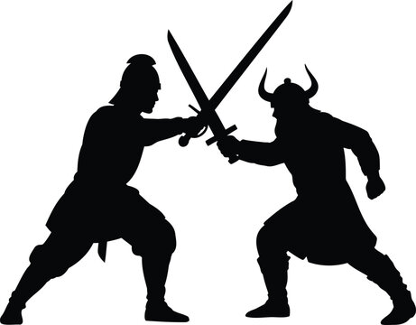 Ancient warriors engaged in an epic sword fight silhouette battle showcasing historical conflict