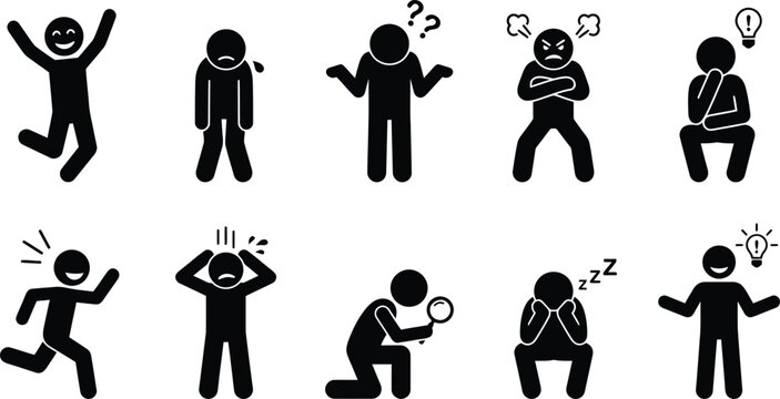 Set of ten black stick figure icons showing various human emotions and different daily life physical actions