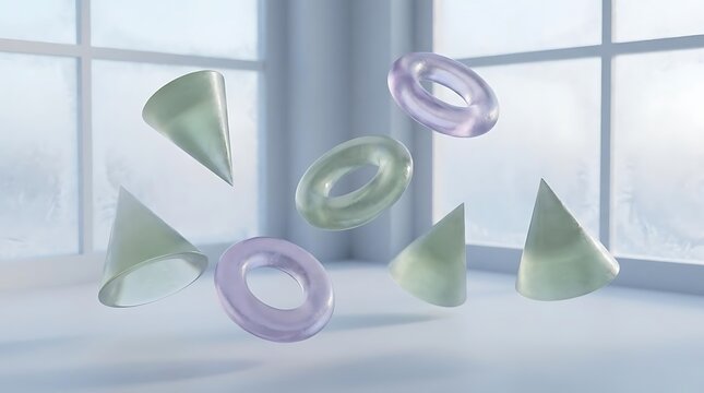 Pastel 3D geometric shapes floating in bright room.