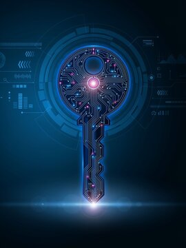 Digital key icon with circuit board pattern. Cyber security concept for data protection.