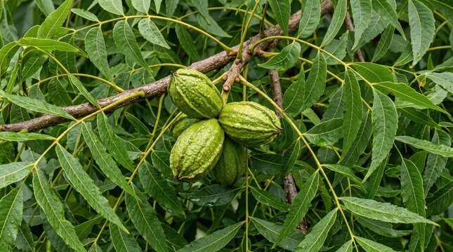 A cluster of green, unripe pecan nuts hanging from a woody branch, surrounded by lush, serrated, pinnate leaves on a pecan tree in an orchard setting