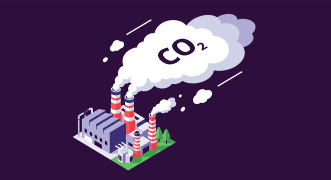 Industrial factory emits large clouds of CO2 smoke from its chimneys to highlight environmental pollution issues.