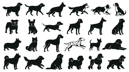Obraz premium Dog breed silhouettes collection, 24 black canine vector icons, assorted pet animal profile set for veterinary and pet shop branding
