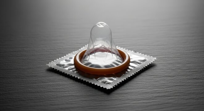 An unrolled male condom resting on its foil wrapper on a dark surface.