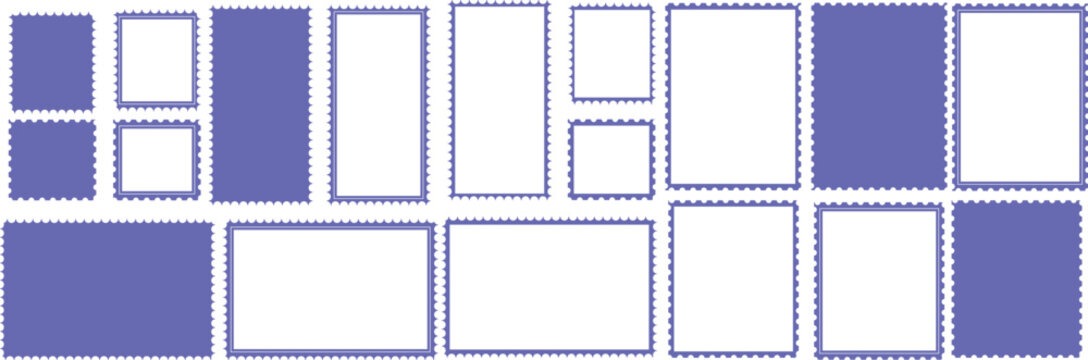 Blue Blank Postage Stamp Templates Vector Set, Perforated Stamp Frames Collection for Design.