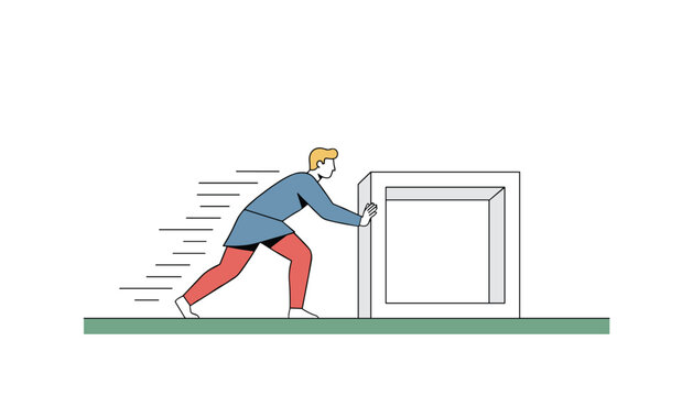 Full length illustration of a man pushing a heavy white square stone container on a green floor line.