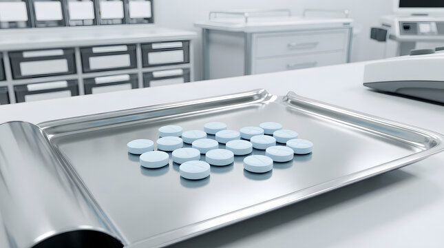 Light Blue Pills on Stainless Steel Medical Tray
