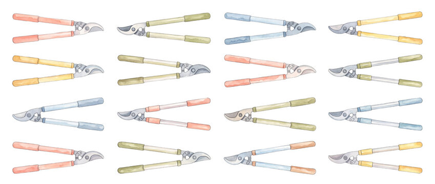 Gardening shears watercolor pattern pruners set on black background featuring colorful bypass secateurs hand tools for pruning, floristry, garden design, horticulture illustration, rustic clipart.