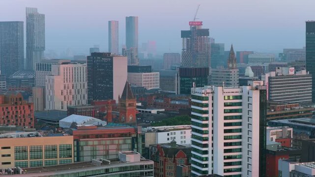 Aerial Video of the Piccadilly 111 and Central Manchester City Skyline in the Morning