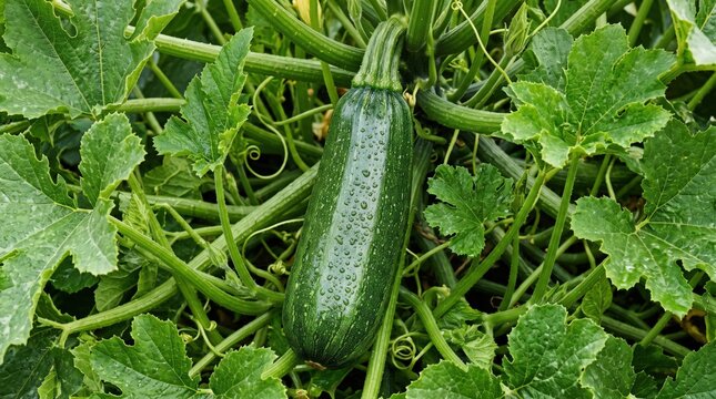 A single, dark green zucchini growing on a plant with large, textured leaves and curly tendrils, captured in a close-up view within a vegetable garden setting
