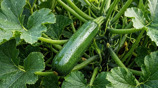 A single, fresh green zucchini growing on a vine, surrounded by large, textured, serrated leaves and thick stems in a garden setting, with water droplets visible on the vegetable skin