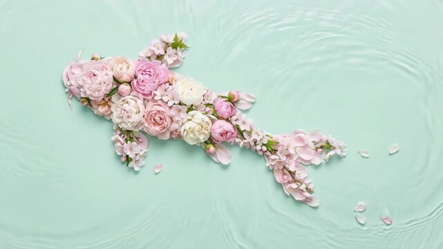 Flower fish arrangement floating on mint green water surface for nature and beauty content