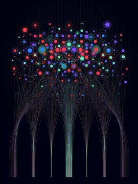Digital data visualization with glowing particles. Abstract network flow of information.