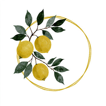 Elegant Watercolor Lemon Branch Frame with Golden Circle Border Botanical Citrus Design for Invitations and Branding