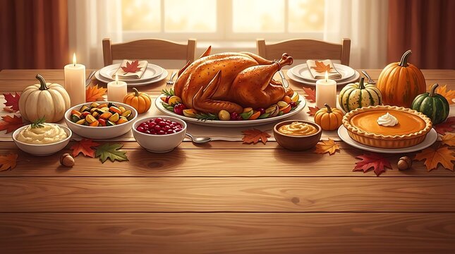 Roasted Thanksgiving turkey dinner on dining table.