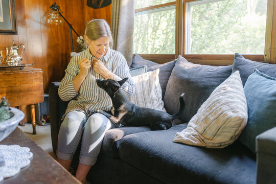 smiling woman playing with her dog on her couch 