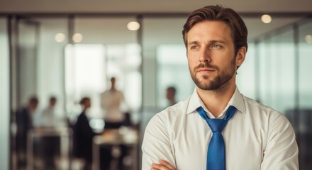 Fototapeta premium Thoughtful Young Businessman in White Shirt and Blue Tie Standing in Modern Office Environment