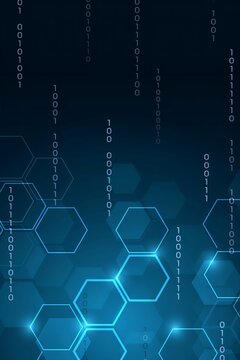Digital binary code background with hexagons. Abstract technology data stream pattern.