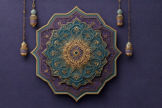 Ornate Islamic Mandala With Gold And Teal Geometric Patterns On A Dark Textured Violet Background
