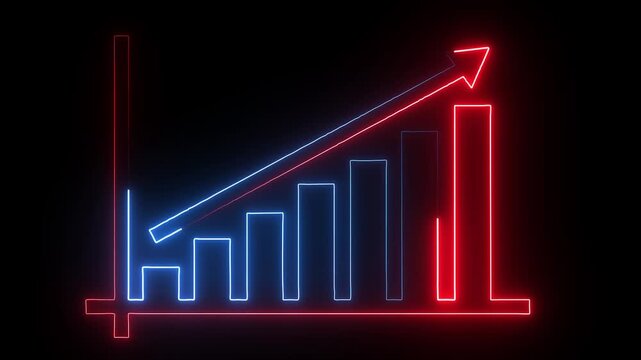 Glowing neon bar chart showing upward financial growth and success with a rising trend arrow on a dark black background representing business progress and economic development in a digital style