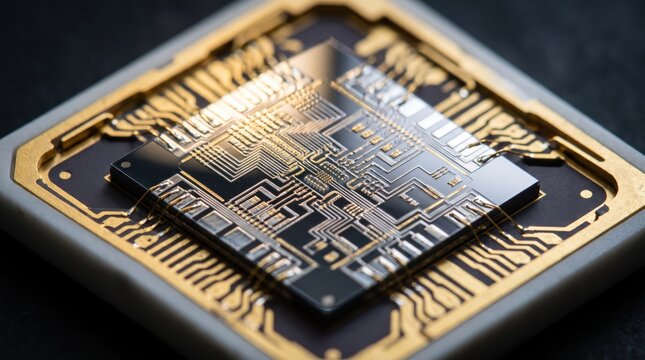 Macro close up of gold microchip processor on circuit board, electronic component detail, computer hardware technology, semiconductor industry manufacturing concept