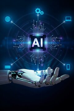 Robotic hand holding AI interface. Futuristic digital technology and machine learning.