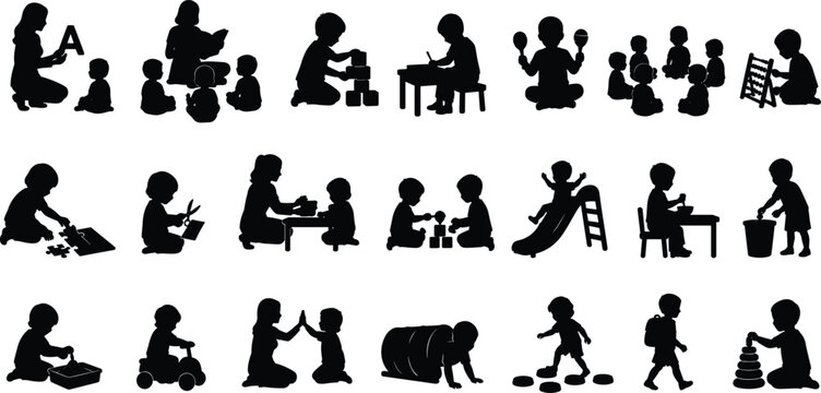 Set of Kindergarten Toddler and Preschool Children Silhouettes Engaged in Early Learning Daycare and Play Activities