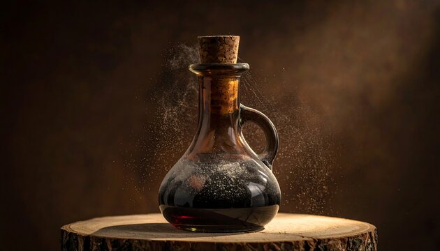A brown glass jug with a handle and cork stopper sits on a wooden stump, emitting wisps of smoke