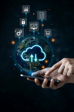 Hand using smartphone with cloud computing. Digital network connection and data transfer.