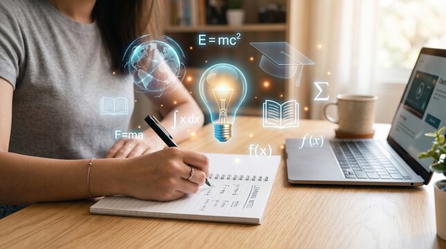 Student writing notes in notebook with floating science formulas and light bulb idea, physics math equation E equals mc squared, education and research concept with laptop compu...