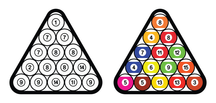 Billiard Ball Rack Icon Set, Pool And Snooker Balls Triangle, Cue Stick And Table Game Equipment Vector Illustration.
