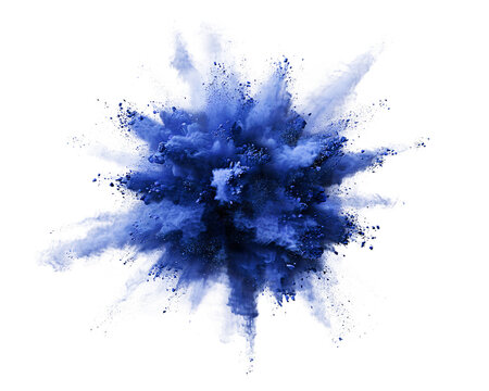 Intense blue powder explosion burst isolated on a transparent background