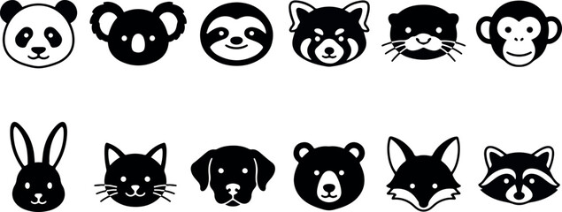 Fototapeta premium A collection of cute black and white animal head icons featuring various wild and domestic creatures in a simple style