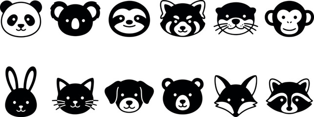 Fototapeta premium A collection of cute animal face icons featuring various wild and domestic species in a simple black and white style