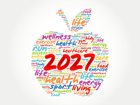 2027 Happy New Year health and wellness apple word cloud concept. Fitness lifestyle terms shape a nutritional fruit motif celebrating healthy resolutions for the upcoming annual period today.