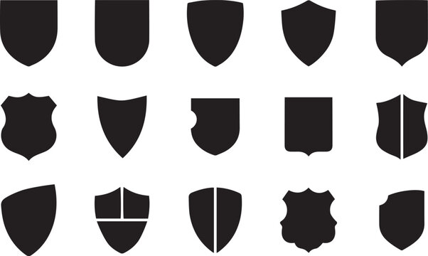 Set of various black shield icons and heraldic crest shapes isolated on a white background