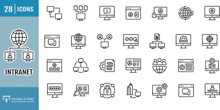 Intranet network line icons set for internal business communication and data sharing