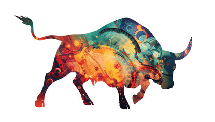 Fototapeta premium Bull illustrated with intricate colorful swirls and geometric shapes captures a strong wild spirit.