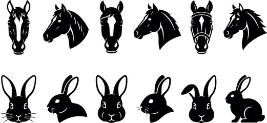 A collection of black and white vector icons featuring various horse heads and rabbit heads in different poses and angles © shahinahmed