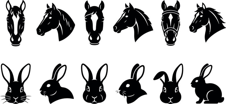 A collection of black and white vector icons featuring various horse heads and rabbit heads in different poses and angles