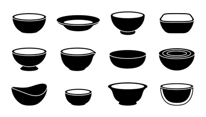 Obraz premium Set of 12 Black Silhouette Bowls, Various Shapes and Sizes. Kitchenware, Food Service, and Culinary Design Elements. Vector Icons for Cooking and Dining.