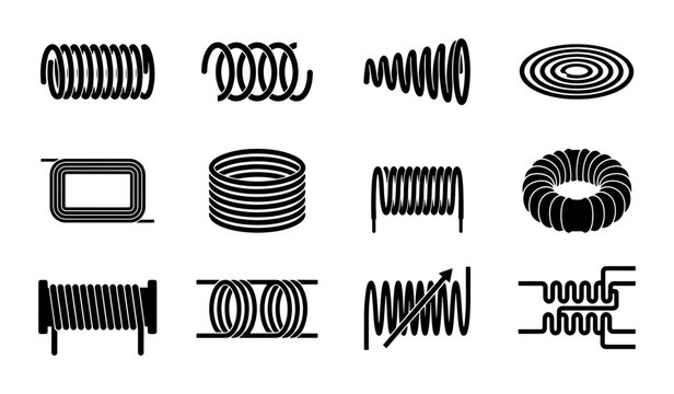Coil Vector Icons Set, Electrical Inductor Symbols, Spring Shapes, Electronic Component Illustrations
