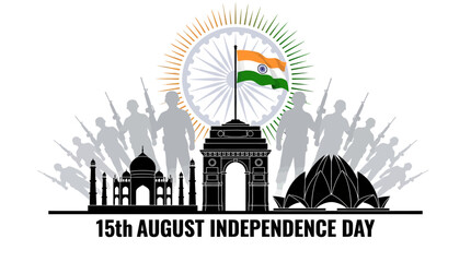 Naklejka premium 15th August Independence Day vector illustration, Indian national monuments with soldier silhouettes, tricolor flag and Ashoka Chakra background