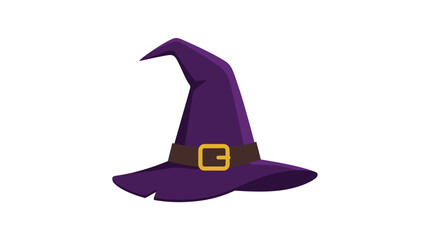 Fototapeta premium Purple witch hat vector illustration, pointed wizard cap with gold buckle, spooky Halloween headwear icon isolated on white background