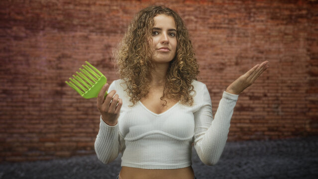 Woman with curly hair wearing white crop sweater holds green wide tooth comb and shrugs palm up against brick wall on street; frustration.