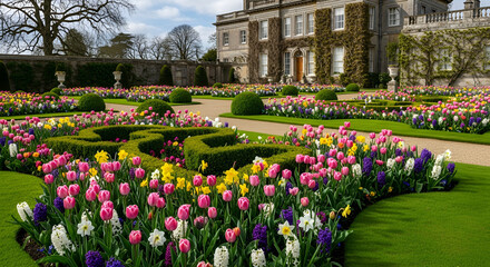 Obraz premium Colorful Tulip Gardens Surround a Grand Estate.
