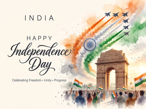 Festive india independence day design with war memorial monument jet airplane formation and celebrating crowd holding flags with patriotic design