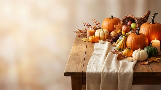 Thanksgiving table setting with pumpkins and horn of plenty.